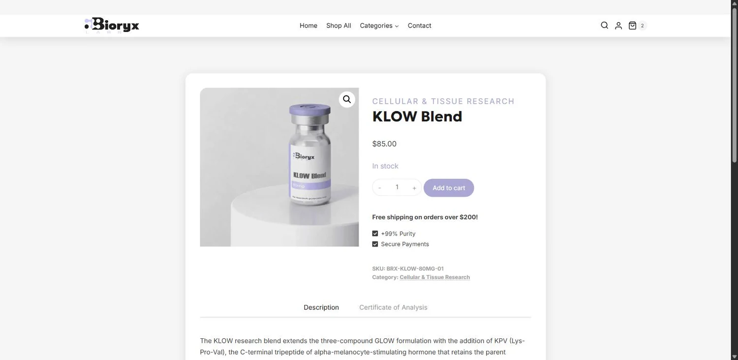 A product page: one vial on the same soft-lit plinth, price, stock, SKU and a Certificate of Analysis tab, with nothing competing for attention.