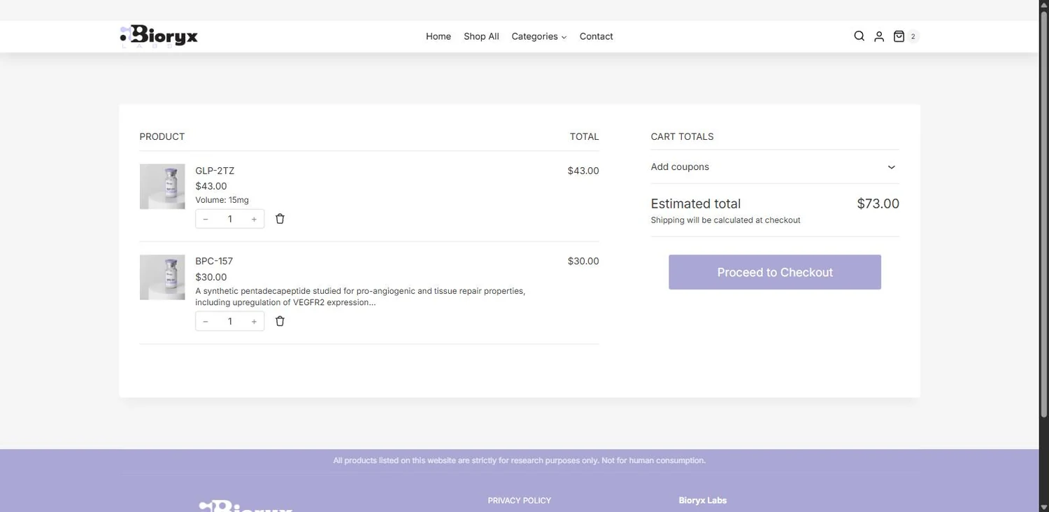 The cart. Real WooCommerce underneath the design &mdash; quantities, line totals, coupons, and shipping calculated at checkout.