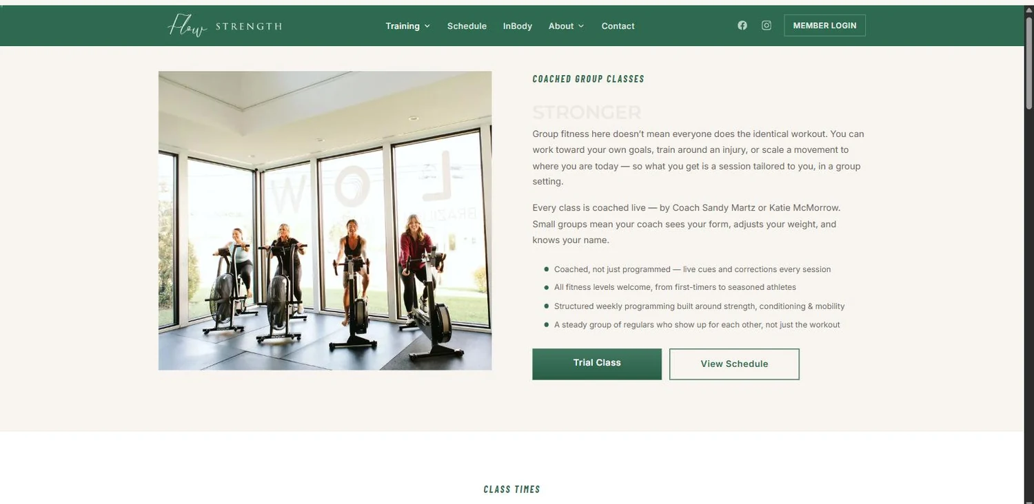 Coached classes photographed in the real room, with the trial and the schedule one tap away.
