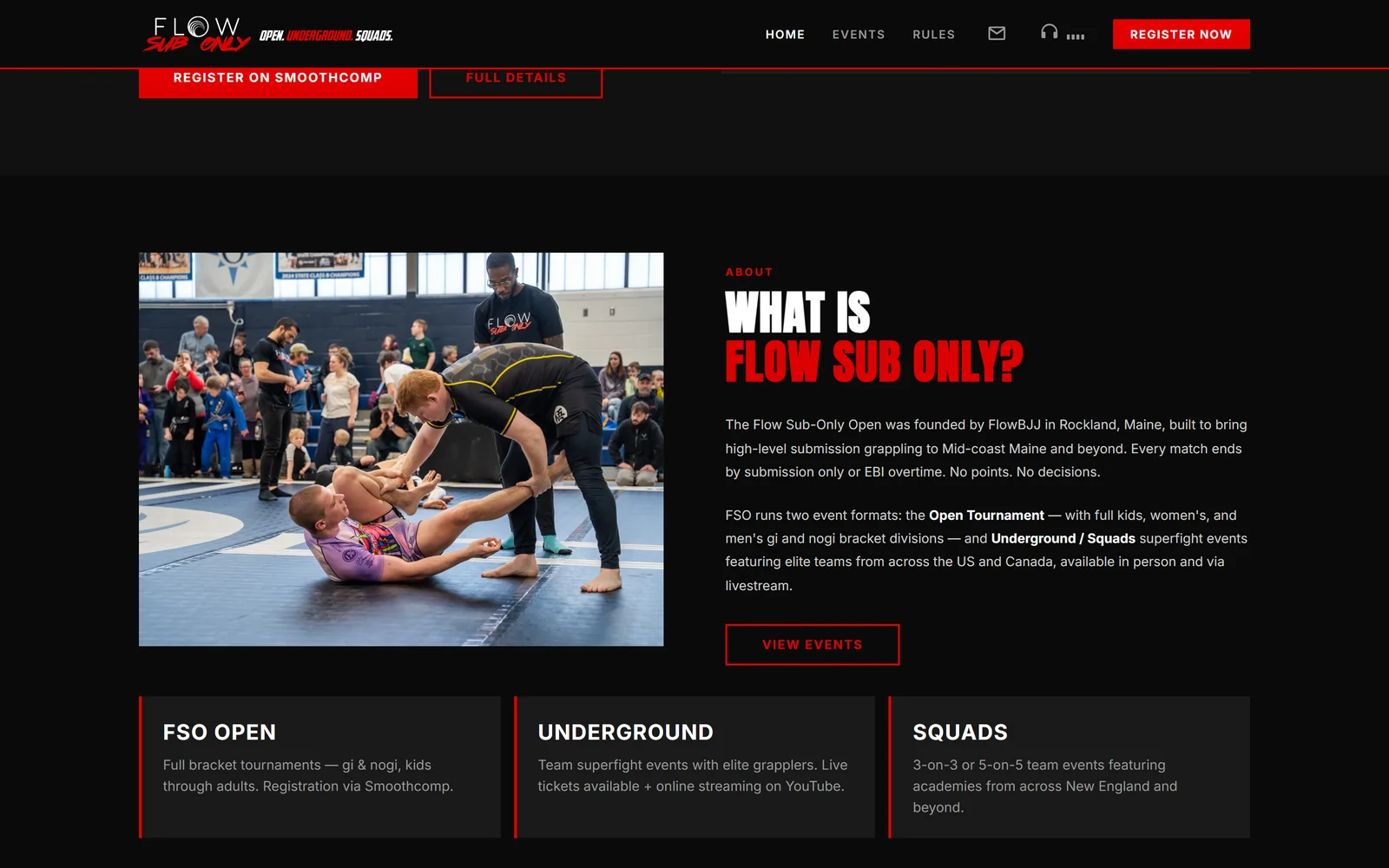 Event formats and the past-results archive, in the brand's own black-and-red identity.