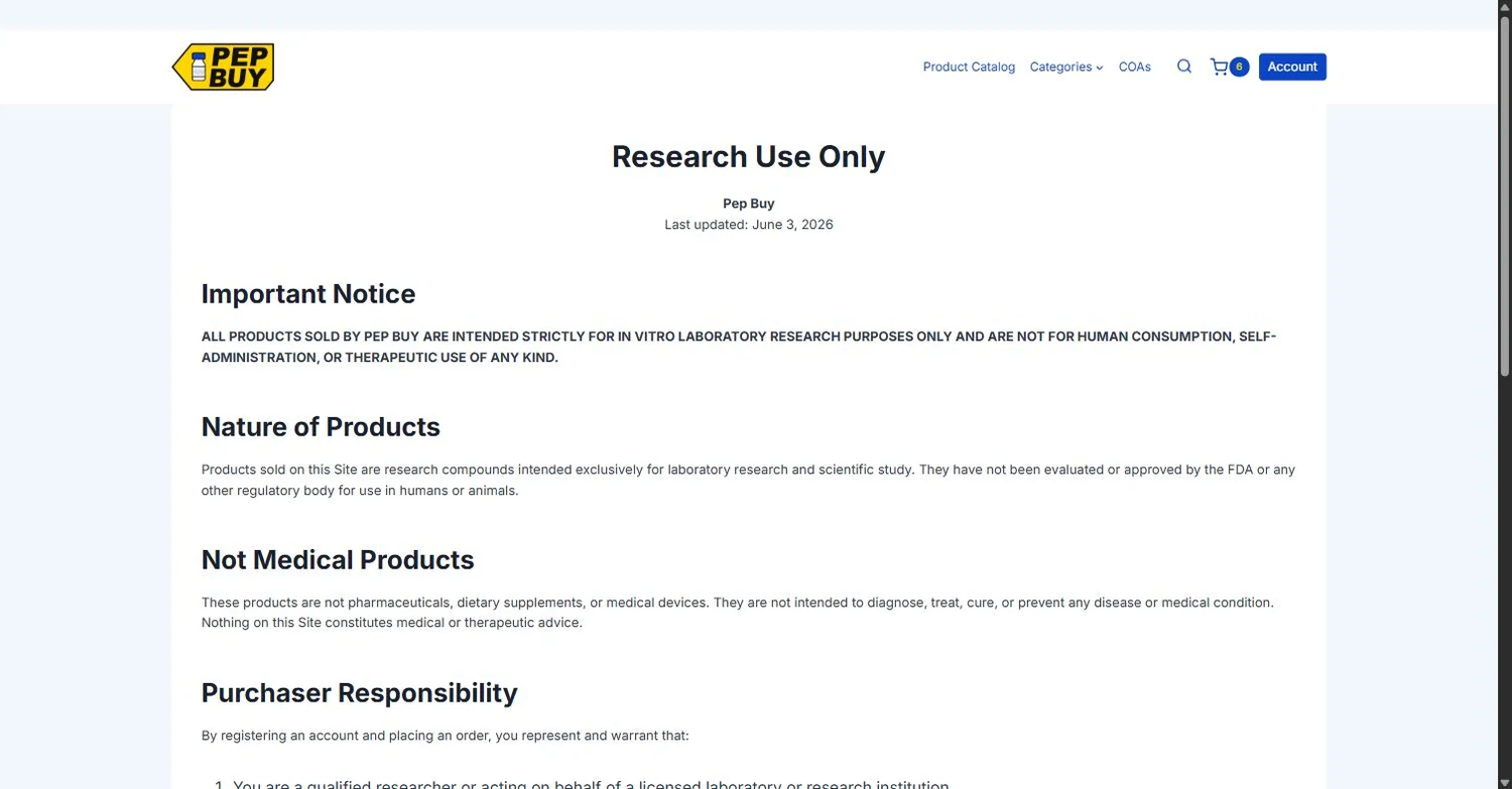 The research-use position, stated plainly and linked from every page rather than buried.