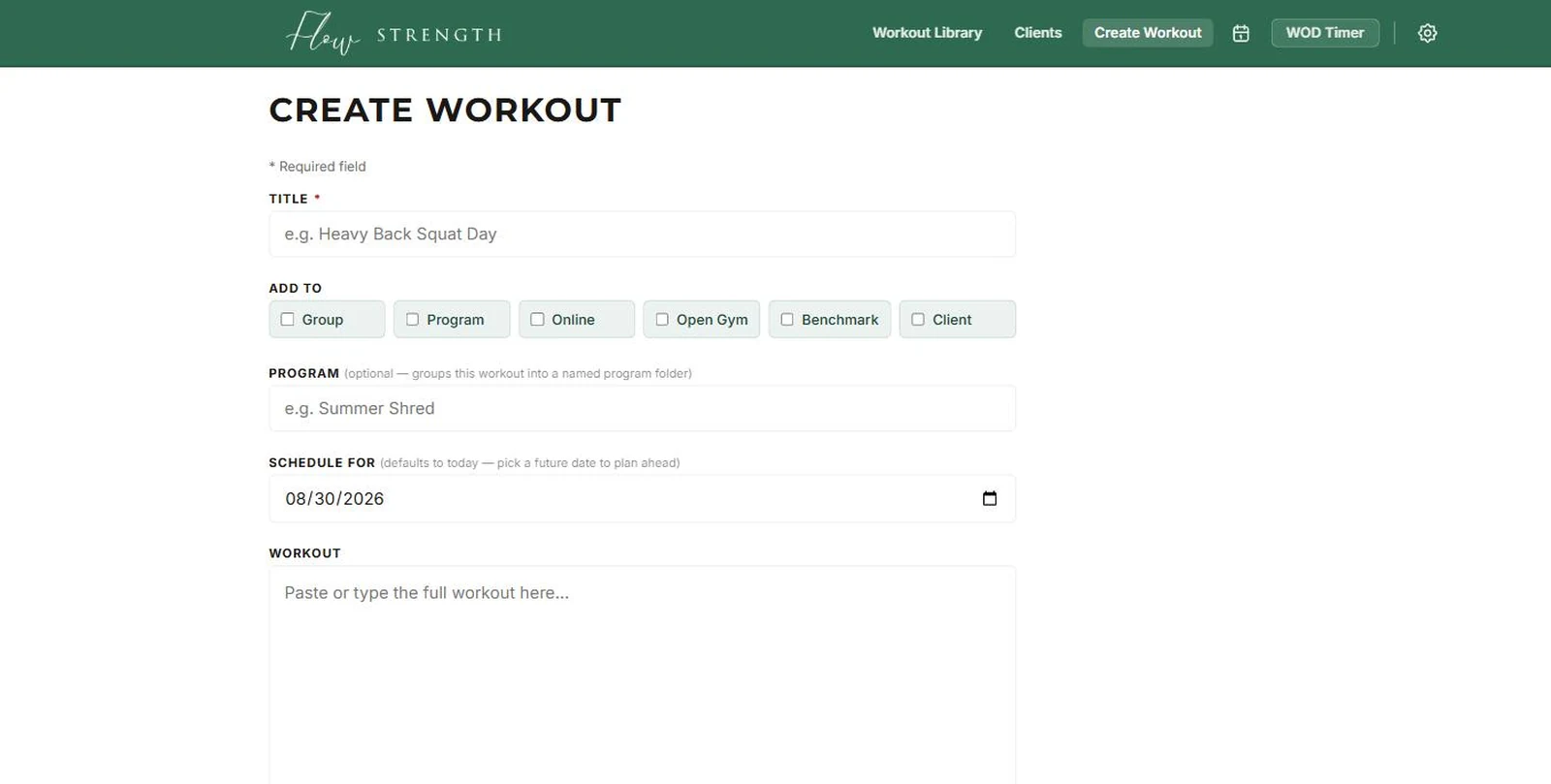Writing an entry — title, content, a date that defaults to today, and six checkboxes deciding who receives it.