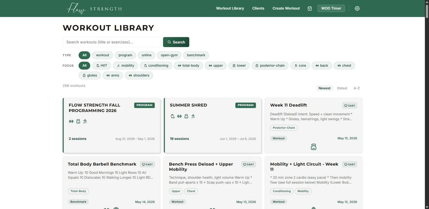 The library: 268 sessions, searchable by title or exercise and filtered by type and focus.