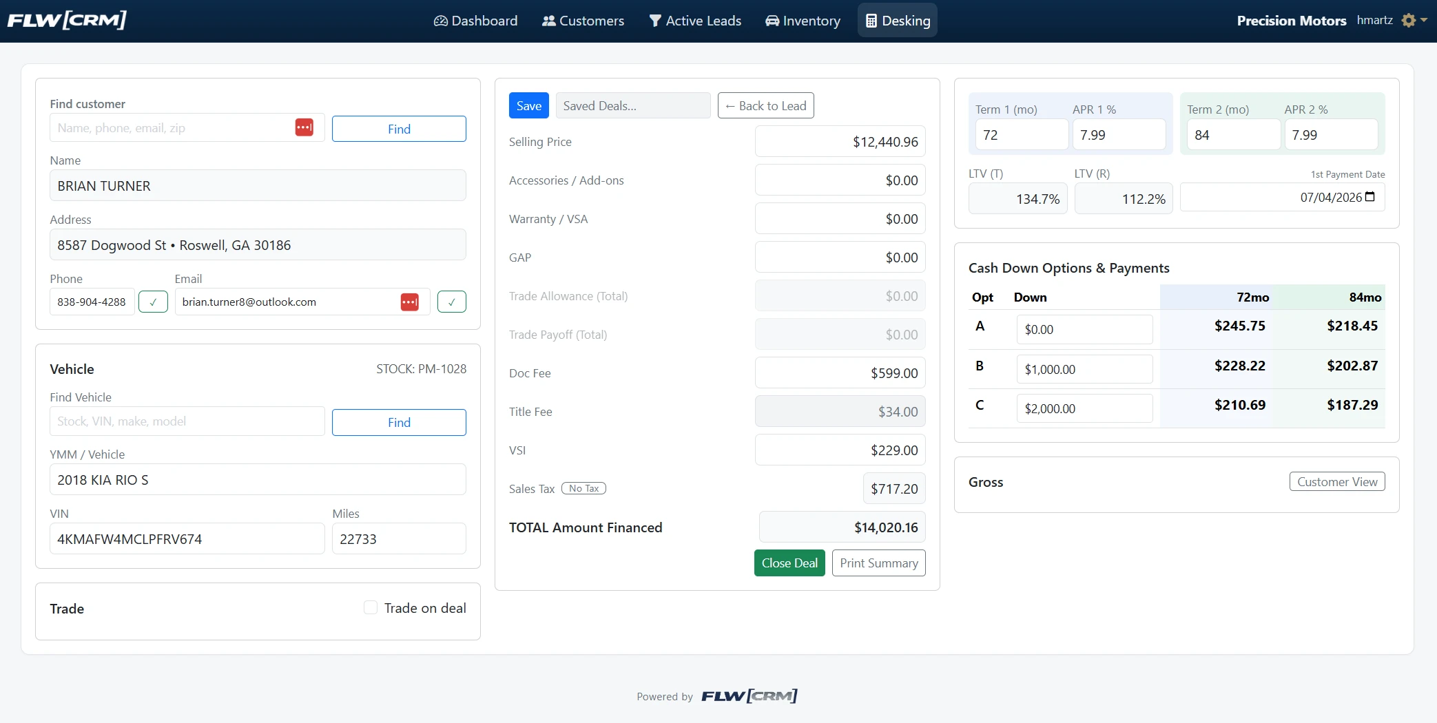 FLW[CRM] deal desk with financing calculator, APR terms, and cash down options
