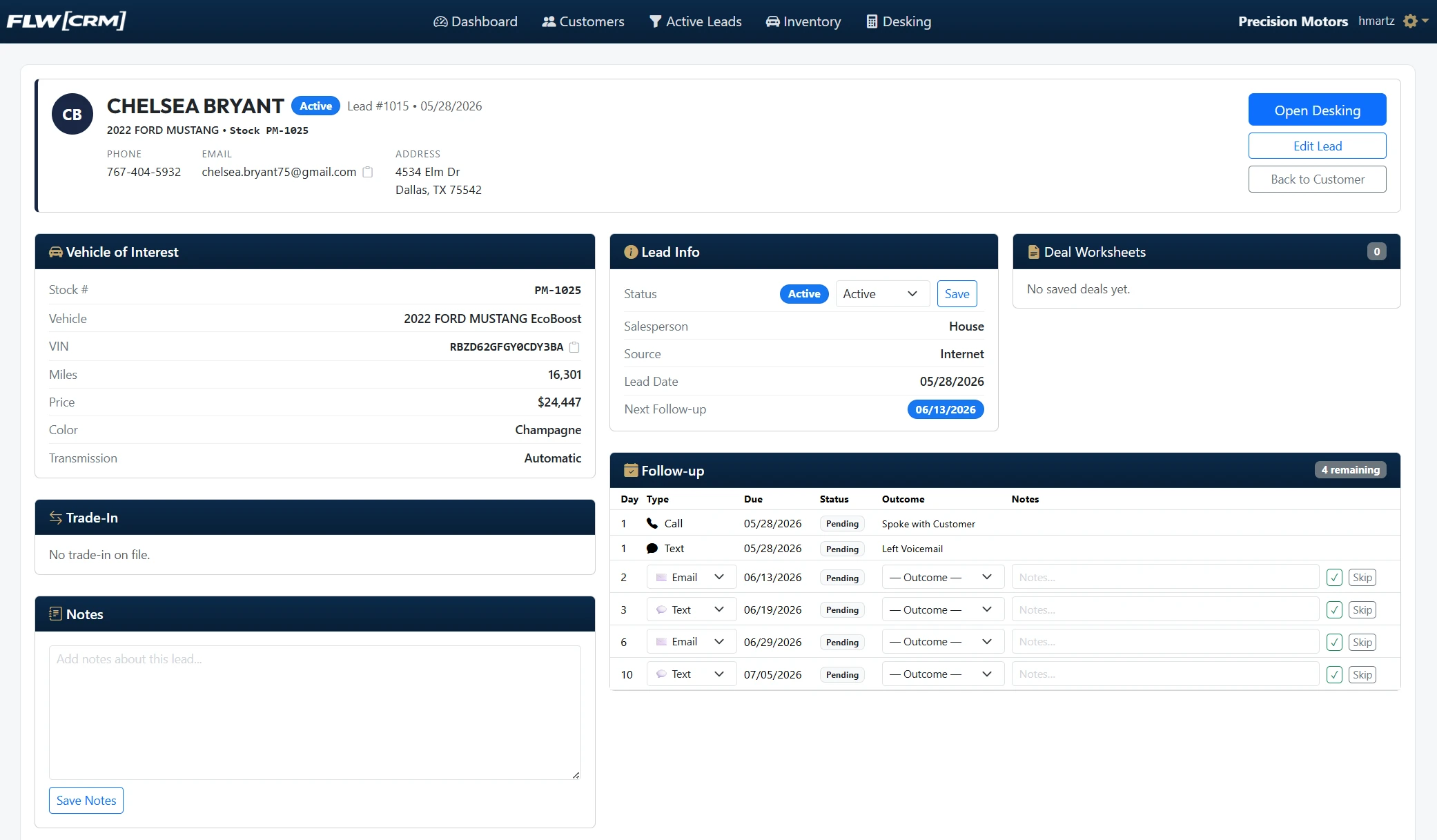 FLW[CRM] lead detail view with follow-up log, vehicle of interest, and deal worksheet